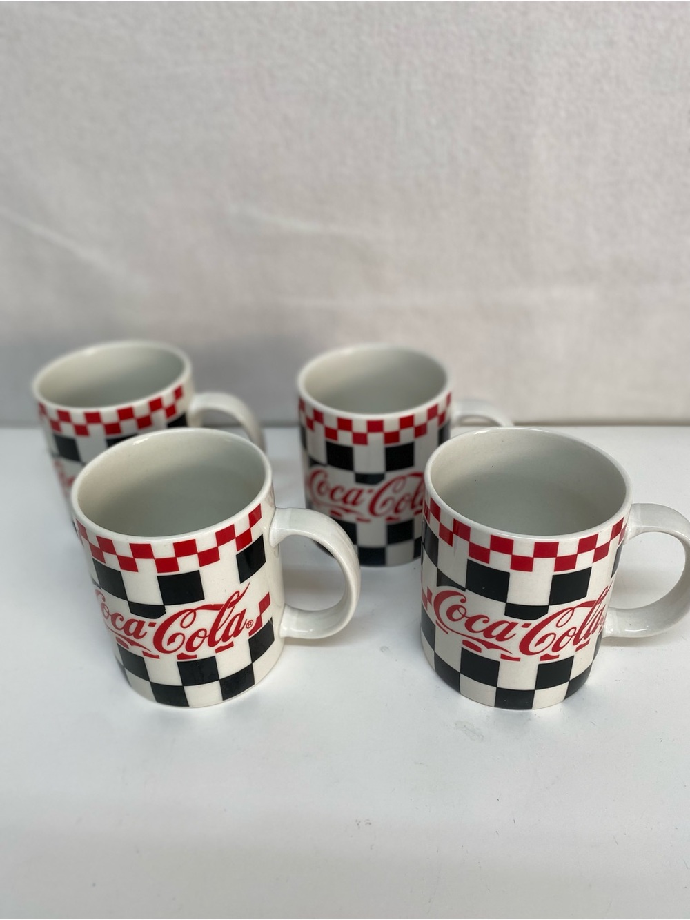 Gibson Coca-Cola Checkerboard Mugs Cups Set of 4 Vintage 1996 Red White Black